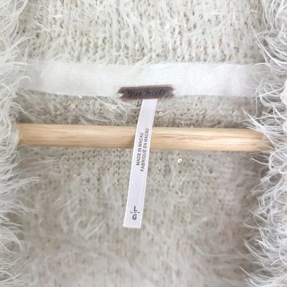 Free People Mina Fuzzy Sequin Tie Front Cardigan Cream Ivory Size Large - Picture 6 of 9